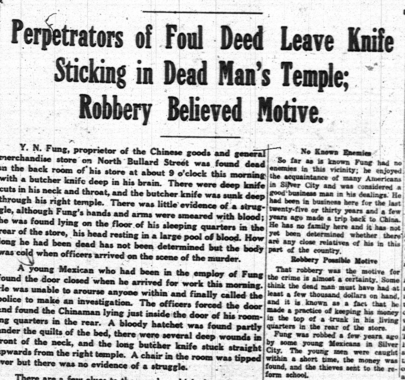 Perpetrators of Foul Deed Leave Kinfe Sticking in Dead Man's Temple;Robbery Belived Motive.[Source: The Silver City Enterprise August 28th 1925.] 